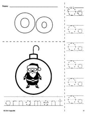 Free printable ornament Christmas coloring page and letter tracing worksheet, letter o worksheet for preschool, pre-k, and kindergarten