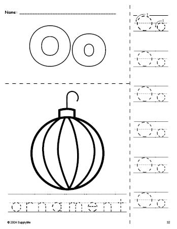 Free printable ornament Christmas coloring page and letter tracing worksheet, letter o worksheet for preschool, pre-k, and kindergarten