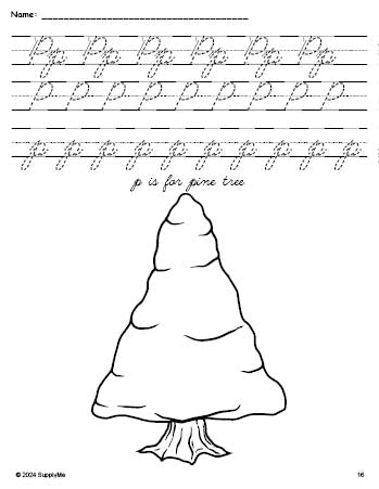 Free printable pine tree winter coloring page, cursive letter tracing worksheet, letter p worksheet for preschool, pre-k, and kindergarten