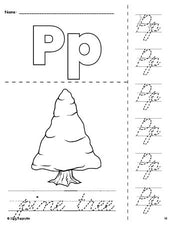 Free printable pine tree winter coloring page and cursive letter tracing worksheet, letter p worksheet for preschool, pre-k, and kindergarten