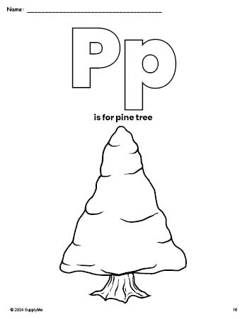 Free printable pine tree winter coloring page, letter p coloring page for preschool, pre-k, and kindergarten