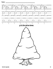 Free printable pine tree winter coloring page, letter p tracing worksheet for preschool, pre-k, and kindergarten