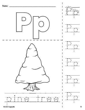 Free printable pine tree winter coloring page and letter tracing worksheet, letter p worksheet for preschool, pre-k, and kindergarten