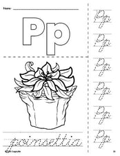 Free printable poinsettia Christmas coloring page and cursive letter tracing worksheet, letter p worksheet for preschool, pre-k, and kindergarten