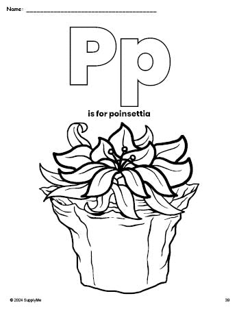 Free printable poinsettia Christmas coloring page, letter p coloring page for preschool, pre-k, and kindergarten