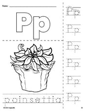 Free printable poinsettia Christmas coloring page and letter tracing worksheet, letter p worksheet for preschool, pre-k, and kindergarten