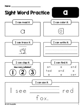 Free printable preschool sight word worksheet, beginner sight word for preschoolers and high frequency word 'a', practice sheet includes 6 sight word activities and 1 sight word sentence, first 100 fry sight words, Dolch pre-primer, PDF