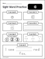 Free printable preschool sight word worksheet, beginner sight word for preschoolers and high frequency word 'a', practice sheet includes 6 sight word activities and 1 sight word sentence, first 100 fry sight words, Dolch pre-primer, PDF