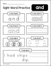 Free printable preschool sight word worksheet, beginner sight word for preschoolers and high frequency word 'and', practice sheet includes 6 sight word activities and 1 sight word sentence, first 100 fry sight words, Dolch pre-primer, PDF