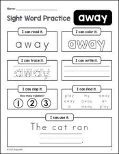 Free printable preschool sight word worksheet, beginner sight word for preschoolers and high frequency word 'away', practice sheet includes 6 sight word activities and 1 sight word sentence, second 100 fry sight words, Dolch pre-primer, PDF