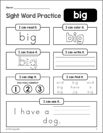 Free printable preschool sight word worksheet, beginner sight word for preschoolers and high frequency word 'big', practice sheet includes 6 sight word activities and 1 sight word sentence, second 100 fry sight words, Dolch pre-primer, PDF