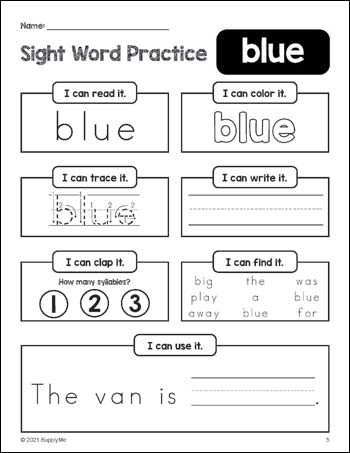 Free printable preschool sight word worksheet, beginner sight word for preschoolers and high frequency word 'blue', practice sheet includes 6 sight word activities and 1 sight word sentence, sixth 100 fry sight words, Dolch pre-primer, PDF