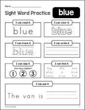 Free printable preschool sight word worksheet, beginner sight word for preschoolers and high frequency word 'blue', practice sheet includes 6 sight word activities and 1 sight word sentence, sixth 100 fry sight words, Dolch pre-primer, PDF