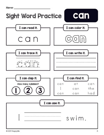 Free printable preschool sight word worksheet, beginner sight word for preschoolers and high frequency word 'can', practice sheet includes 6 sight word activities and 1 sight word sentence, first 100 fry sight words, Dolch pre-primer, PDF