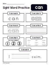 Free printable preschool sight word worksheet, beginner sight word for preschoolers and high frequency word 'can', practice sheet includes 6 sight word activities and 1 sight word sentence, first 100 fry sight words, Dolch pre-primer, PDF