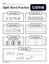 Free printable preschool sight word worksheet, beginner sight word for preschoolers and high frequency word 'come', practice sheet includes 6 sight word activities and 1 sight word sentence, first 100 fry sight words, Dolch pre-primer, PDF