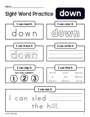 Free printable preschool sight word worksheet, beginner sight word for preschoolers and high frequency word 'down', practice sheet includes 6 sight word activities and 1 sight word sentence, first 100 fry sight words, Dolch pre-primer, PDF