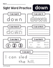 Free printable preschool sight word worksheet, beginner sight word for preschoolers and high frequency word 'down', practice sheet includes 6 sight word activities and 1 sight word sentence, first 100 fry sight words, Dolch pre-primer, PDF