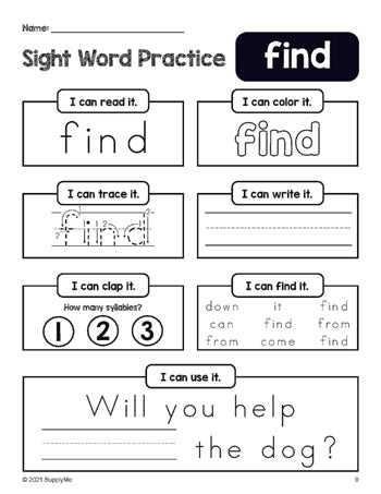 Free printable preschool sight word worksheet, beginner sight word for preschoolers and high frequency word 'find', practice sheet includes 6 sight word activities and 1 sight word sentence, first 100 fry sight words, Dolch pre-primer, PDF