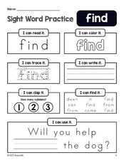 Free printable preschool sight word worksheet, beginner sight word for preschoolers and high frequency word 'find', practice sheet includes 6 sight word activities and 1 sight word sentence, first 100 fry sight words, Dolch pre-primer, PDF