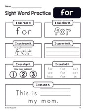 Free printable preschool sight word worksheet, beginner sight word for preschoolers and high frequency word 'for', practice sheet includes 6 sight word activities and 1 sight word sentence, first 100 fry sight words, Dolch pre-primer, PDF