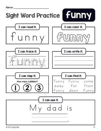 Free printable preschool sight word worksheet, beginner sight word for preschoolers and high frequency word 'funny', practice sheet includes 6 sight word activities and 1 sight word sentence, Dolch pre-primer, PDF