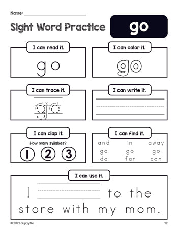 Free printable preschool sight word worksheet, beginner sight word for preschoolers and high frequency word 'go', practice sheet includes 6 sight word activities and 1 sight word sentence, first 100 fry sight words, Dolch pre-primer, PDF