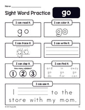 Free printable preschool sight word worksheet, beginner sight word for preschoolers and high frequency word 'go', practice sheet includes 6 sight word activities and 1 sight word sentence, first 100 fry sight words, Dolch pre-primer, PDF