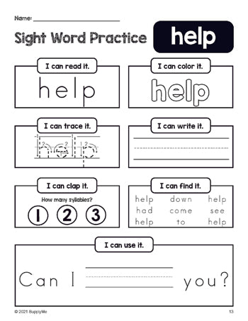 Free printable preschool sight word worksheet, beginner sight word for preschoolers and high frequency word 'help', practice sheet includes 6 sight word activities and 1 sight word sentence, second 100 fry sight words, Dolch pre-primer, PDF