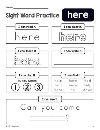 Free printable preschool sight word worksheet, beginner sight word for preschoolers and high frequency word 'here', practice sheet includes 6 sight word activities and 1 sight word sentence, second 100 fry sight words, Dolch pre-primer, PDF