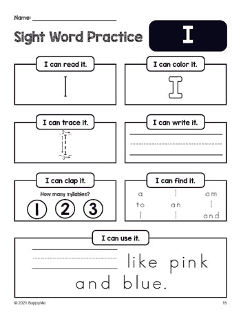 Free printable preschool sight word worksheet, beginner sight word for preschoolers and high frequency word 'I', practice sheet includes 6 sight word activities and 1 sight word sentence, first 100 fry sight words, Dolch pre-primer, PDF