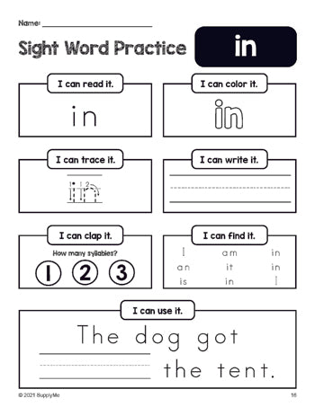 Free printable preschool sight word worksheet, beginner sight word for preschoolers and high frequency word 'in', practice sheet includes 6 sight word activities and 1 sight word sentence, first 100 fry sight words, Dolch pre-primer, PDF