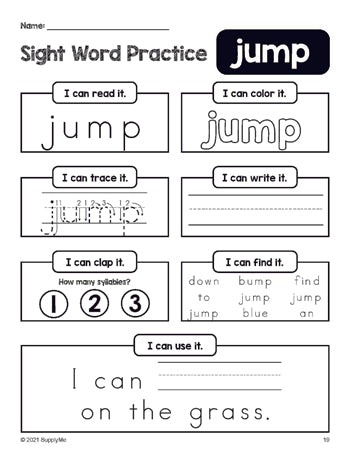 Free printable preschool sight word worksheet, beginner sight word for preschoolers and high frequency word 'jump', practice sheet includes 6 sight word activities and 1 sight word sentence, Dolch pre-primer, PDF