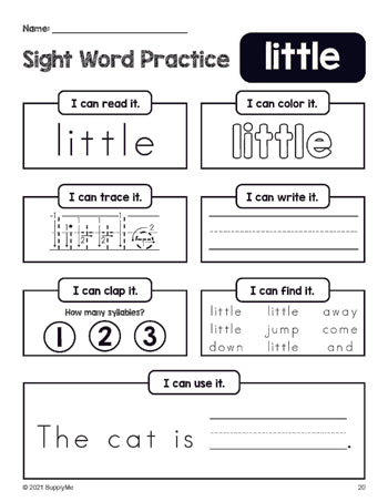 Free printable preschool sight word worksheet, beginner sight word for preschoolers and high frequency word 'little', practice sheet includes 6 sight word activities and 1 sight word sentence, second 100 fry sight words, Dolch pre-primer, PDF