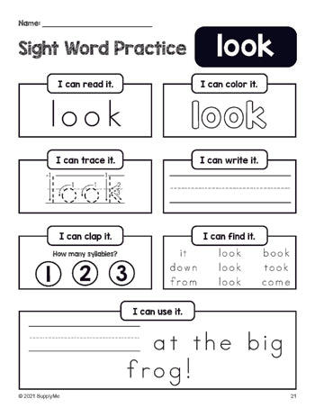 Free printable preschool sight word worksheet, beginner sight word for preschoolers and high frequency word 'look', practice sheet includes 6 sight word activities and 1 sight word sentence, first 100 fry sight words, Dolch pre-primer, PDF