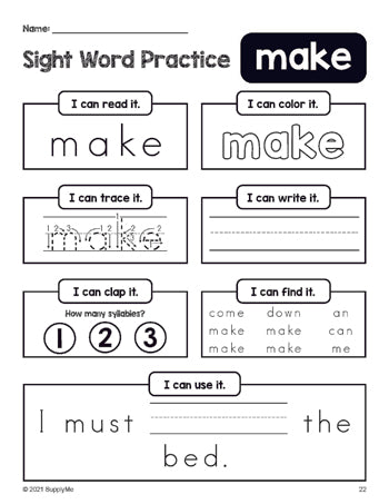 Free printable preschool sight word worksheet, beginner sight word for preschoolers and high frequency word 'make', practice sheet includes 6 sight word activities and 1 sight word sentence, first 100 fry sight words, Dolch pre-primer, PDF