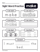 Free printable preschool sight word worksheet, beginner sight word for preschoolers and high frequency word 'make', practice sheet includes 6 sight word activities and 1 sight word sentence, first 100 fry sight words, Dolch pre-primer, PDF