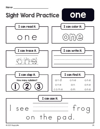 Free printable preschool sight word worksheet, beginner sight word for preschoolers and high frequency word 'one', practice sheet includes 6 sight word activities and 1 sight word sentence, first 100 fry sight words, Dolch pre-primer, PDF