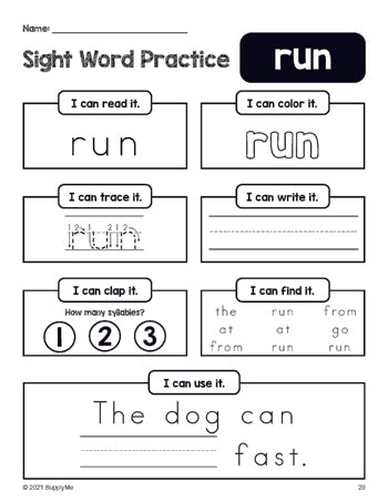 Free printable preschool sight word worksheet, beginner sight word for preschoolers and high frequency word 'run', practice sheet includes 6 sight word activities and 1 sight word sentence, third 100 fry sight words, Dolch pre-primer, PDF