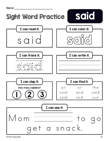 Free printable preschool sight word worksheet, beginner sight word for preschoolers and high frequency word 'said', practice sheet includes 6 sight word activities and 1 sight word sentence, first 100 fry sight words, Dolch pre-primer, PDF