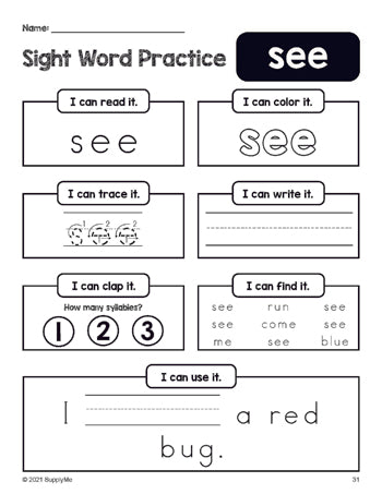 Free printable preschool sight word worksheet, beginner sight word for preschoolers and high frequency word 'see', practice sheet includes 6 sight word activities and 1 sight word sentence, first 100 fry sight words, Dolch pre-primer, PDF