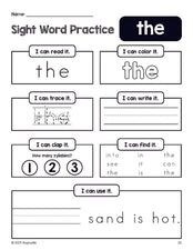 Free printable preschool sight word worksheet, beginner sight word for preschoolers and high frequency word 'the', practice sheet includes 6 sight word activities and 1 sight word sentence, first 100 fry sight words, Dolch pre-primer, PDF