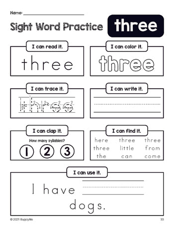 Free printable preschool sight word worksheet, beginner sight word for preschoolers and high frequency word 'three', practice sheet includes 6 sight word activities and 1 sight word sentence, second 100 fry sight words, Dolch pre-primer, PDF