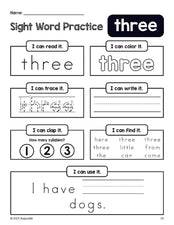 Free printable preschool sight word worksheet, beginner sight word for preschoolers and high frequency word 'three', practice sheet includes 6 sight word activities and 1 sight word sentence, second 100 fry sight words, Dolch pre-primer, PDF