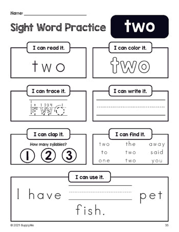 Free printable preschool sight word worksheet, beginner sight word for preschoolers and high frequency word 'two', practice sheet includes 6 sight word activities and 1 sight word sentence, first 100 fry sight words, Dolch pre-primer, PDF