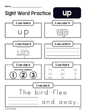 Free printable preschool sight word worksheet, beginner sight word for preschoolers and high frequency word 'up', practice sheet includes 6 sight word activities and 1 sight word sentence, first 100 fry sight words, Dolch pre-primer, PDF