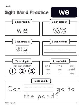 Free printable preschool sight word worksheet, beginner sight word for preschoolers and high frequency word 'we', practice sheet includes 6 sight word activities and 1 sight word sentence, first 100 fry sight words, Dolch pre-primer, PDF