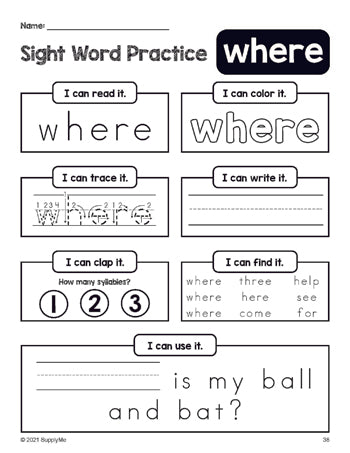 Free printable preschool sight word worksheet, beginner sight word for preschoolers and high frequency word 'where', practice sheet includes 6 sight word activities and 1 sight word sentence, second 100 fry sight words, Dolch pre-primer, PDF