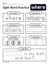 Free printable preschool sight word worksheet, beginner sight word for preschoolers and high frequency word 'where', practice sheet includes 6 sight word activities and 1 sight word sentence, second 100 fry sight words, Dolch pre-primer, PDF