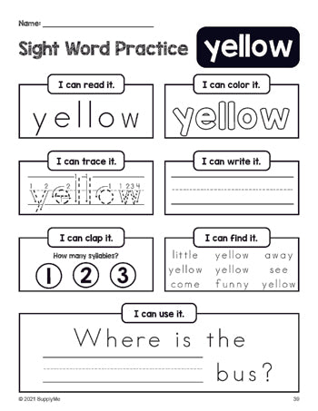 Free printable preschool sight word worksheet, beginner sight word for preschoolers and high frequency word 'yellow', practice sheet includes 6 sight word activities and 1 sight word sentence, tenth 100 fry sight words, Dolch pre-primer, PDF